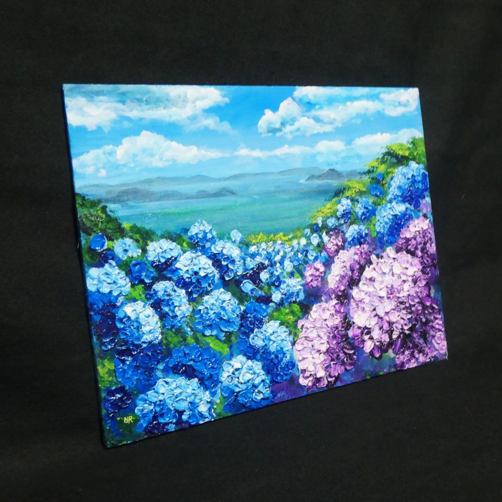 【油絵】紫陽花の向こう側 ・原画 油彩画 風景画 あじさい 初夏 額縁付き