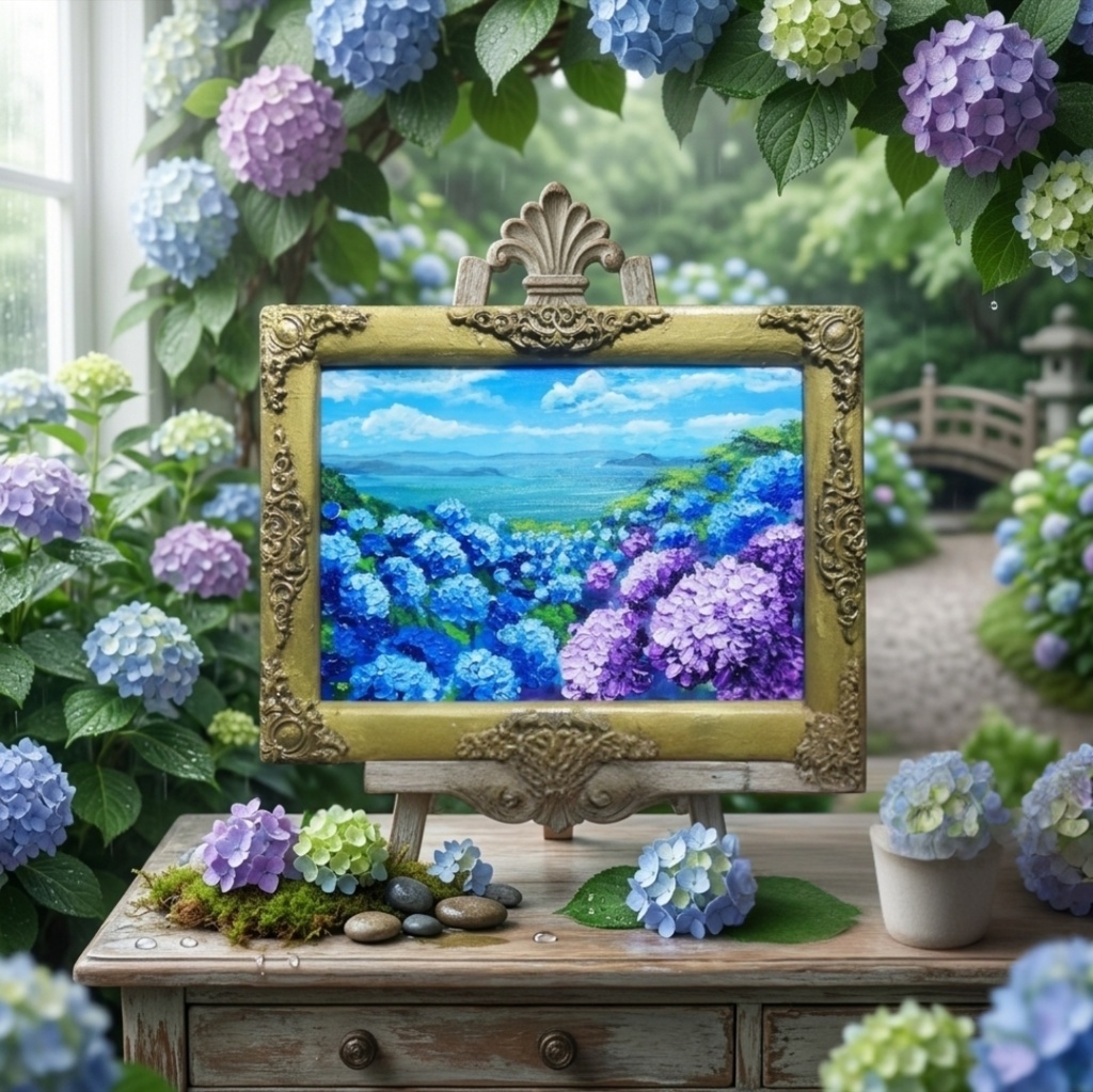 【油絵】紫陽花の向こう側 ・原画 油彩画 風景画 あじさい 初夏 額縁付き