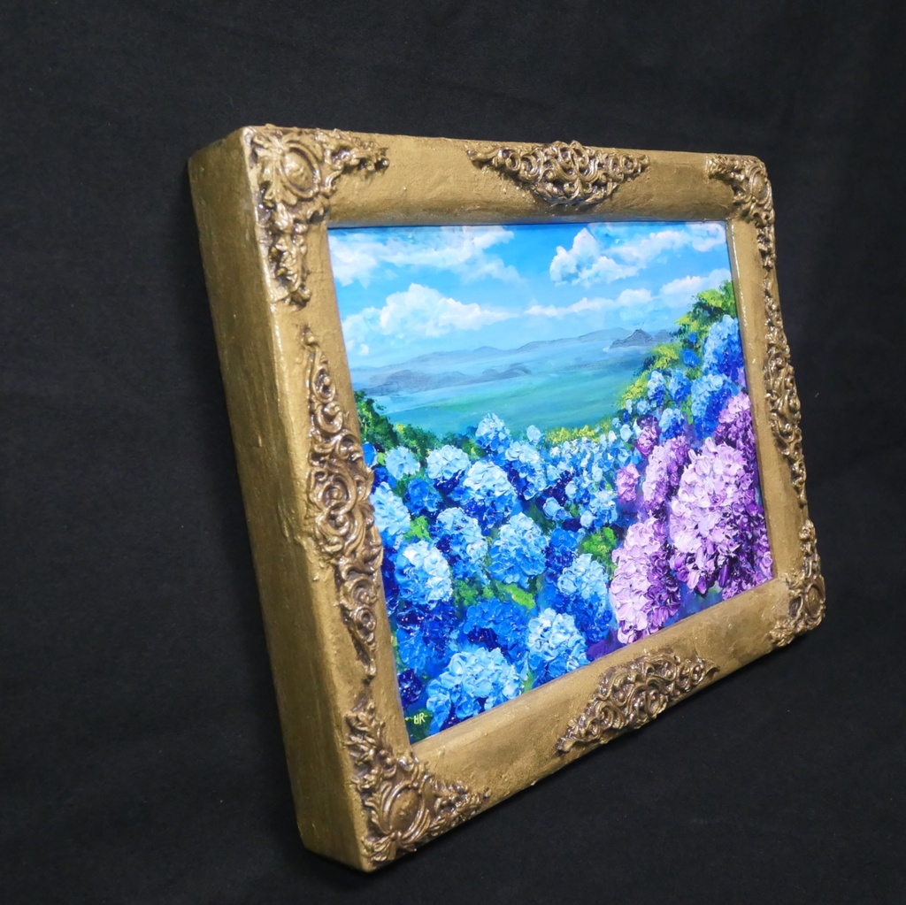 【油絵】紫陽花の向こう側 ・原画 油彩画 風景画 あじさい 初夏 額縁付き