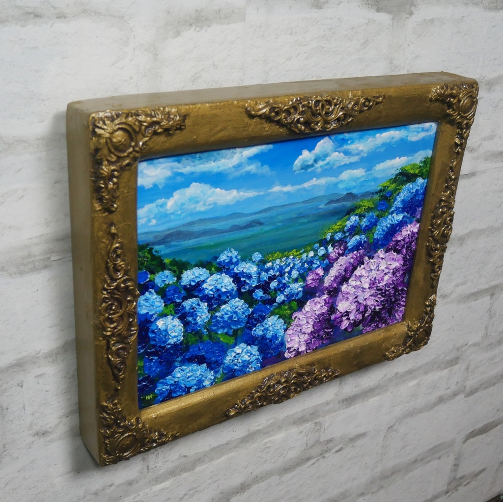 【油絵】紫陽花の向こう側 ・原画 油彩画 風景画 あじさい 初夏 額縁付き