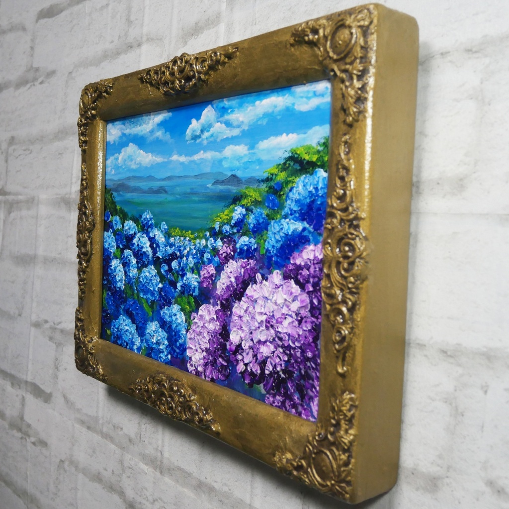 【油絵】紫陽花の向こう側 ・原画 油彩画 風景画 あじさい 初夏 額縁付き