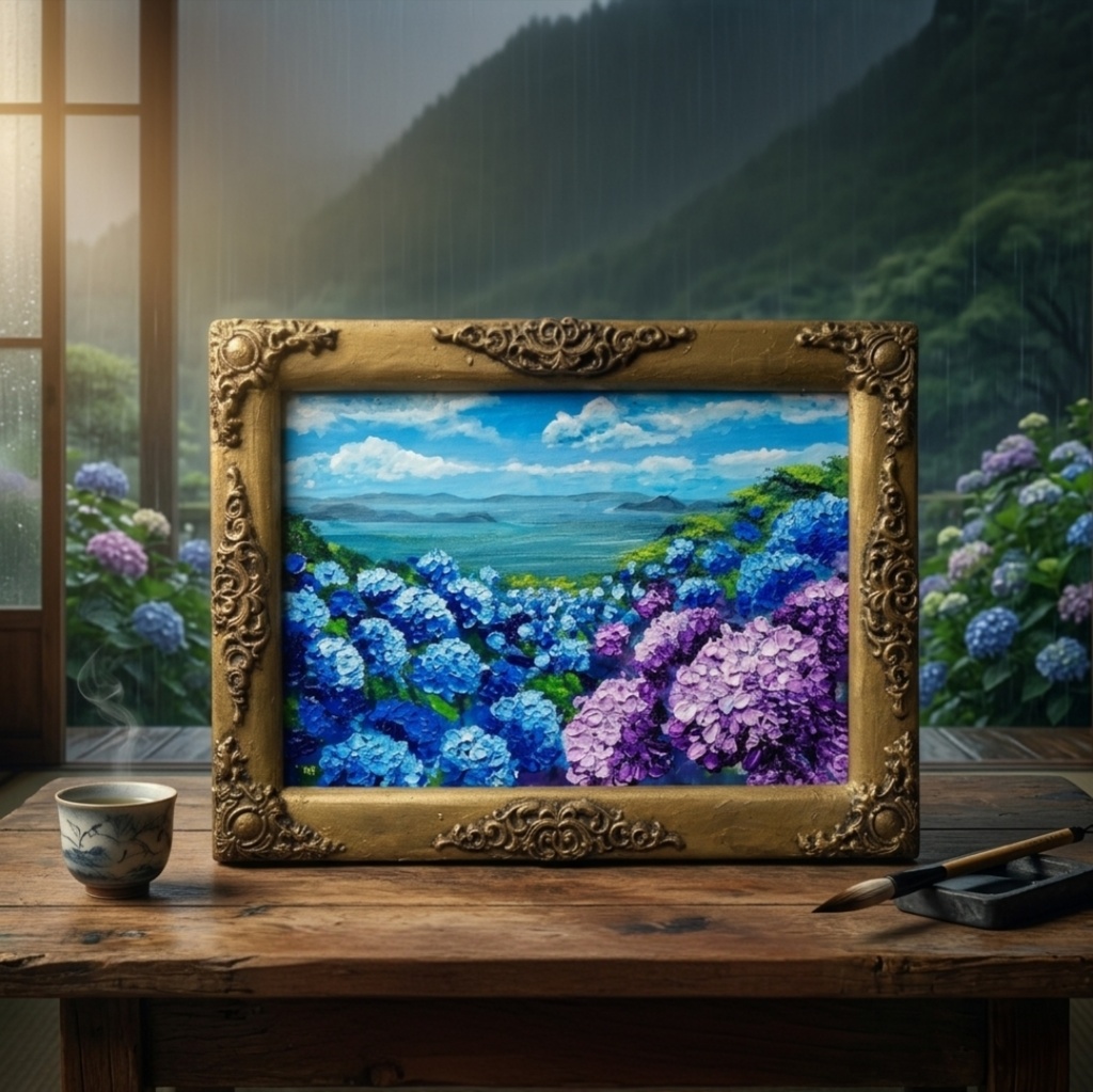 【油絵】紫陽花の向こう側 ・原画 油彩画 風景画 あじさい 初夏 額縁付き
