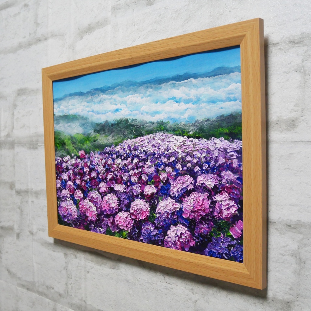 【1点物】油彩画『天空に咲く、光のアジサイ』梅雨・初夏を彩る花の絵画・壁掛けアート