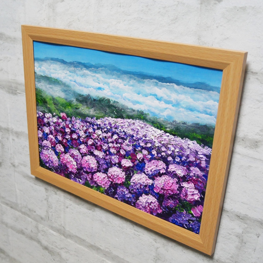 【1点物】油彩画『天空に咲く、光のアジサイ』梅雨・初夏を彩る花の絵画・壁掛けアート