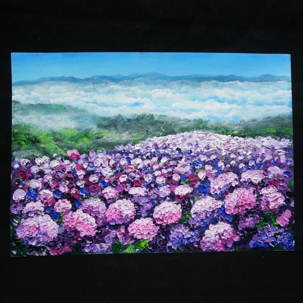 【1点物】油彩画『天空に咲く、光のアジサイ』梅雨・初夏を彩る花の絵画・壁掛けアート