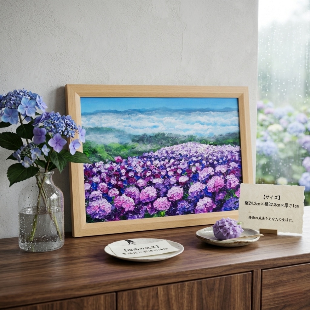 【1点物】油彩画『天空に咲く、光のアジサイ』梅雨・初夏を彩る花の絵画・壁掛けアート