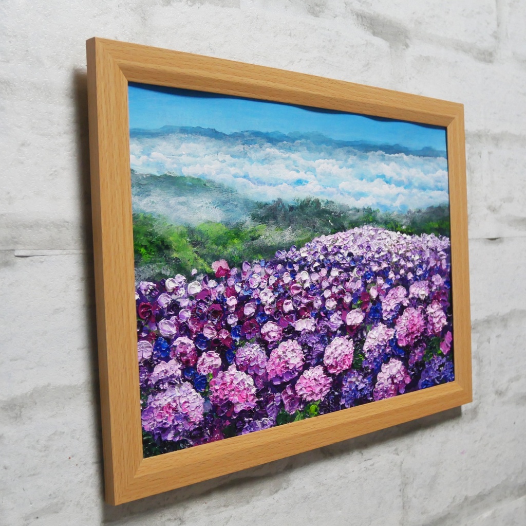 【1点物】油彩画『天空に咲く、光のアジサイ』梅雨・初夏を彩る花の絵画・壁掛けアート