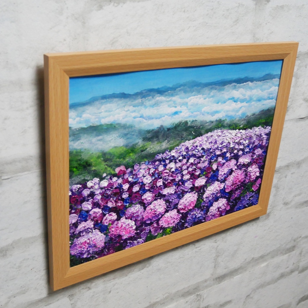 【1点物】油彩画『天空に咲く、光のアジサイ』梅雨・初夏を彩る花の絵画・壁掛けアート