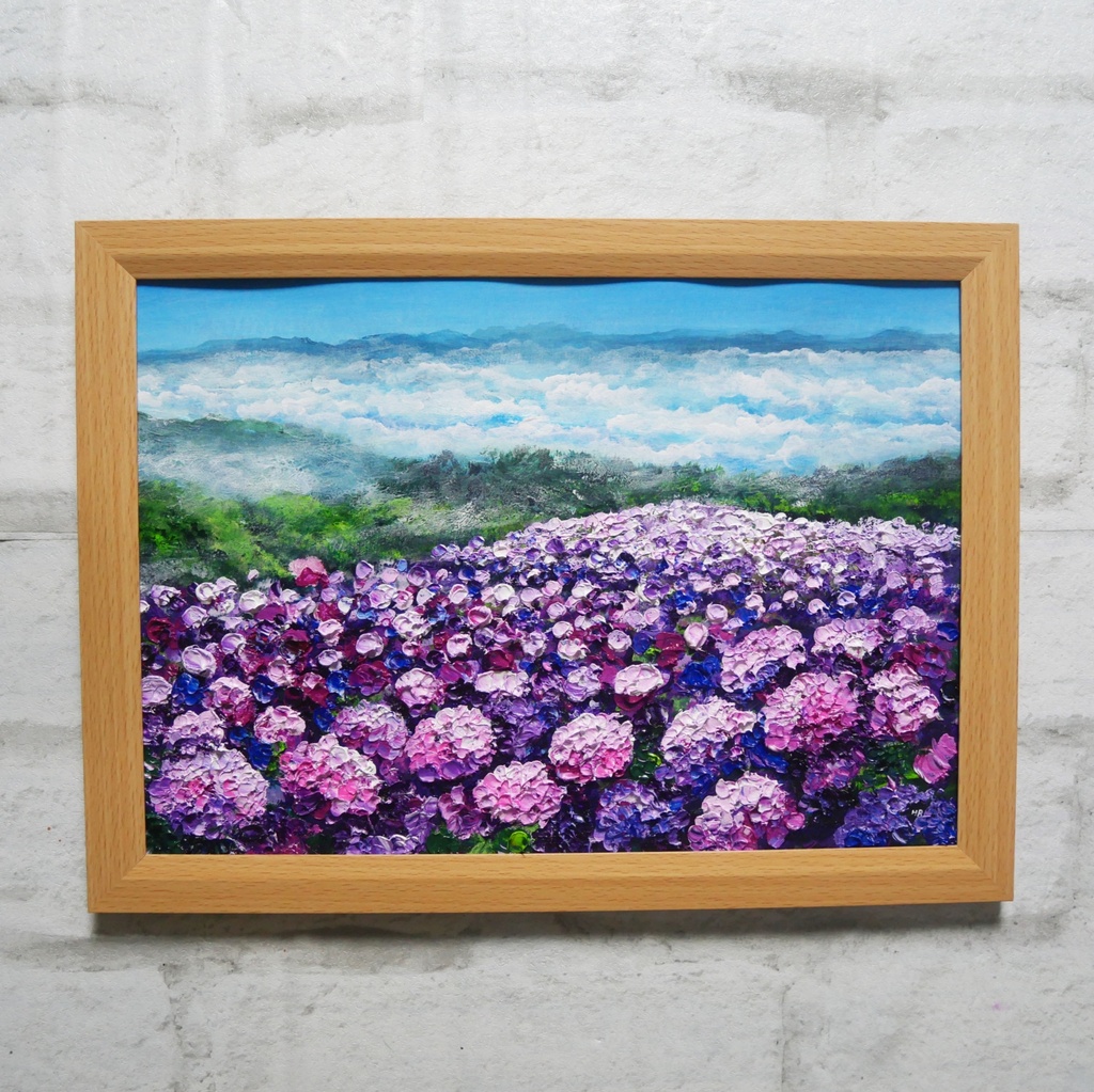 【1点物】油彩画『天空に咲く、光のアジサイ』梅雨・初夏を彩る花の絵画・壁掛けアート