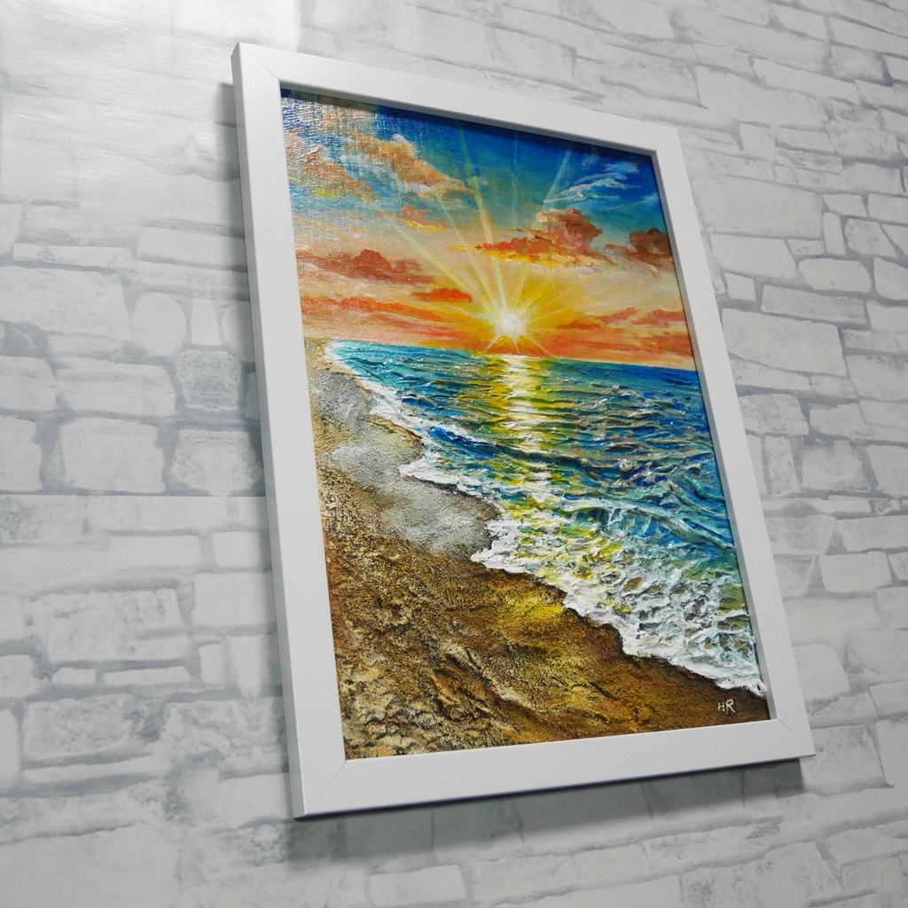 【油絵原画】黄金比の朝景 - 輝く海と朝日の風景画(夏・インテリア・一点物アート)