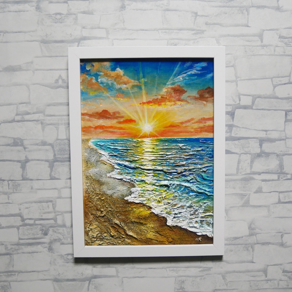 【油絵原画】黄金比の朝景 - 輝く海と朝日の風景画(夏・インテリア・一点物アート)