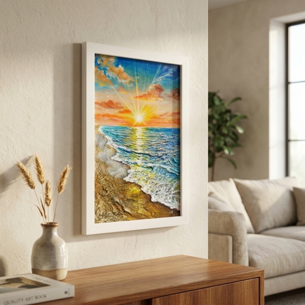 【油絵原画】黄金比の朝景 - 輝く海と朝日の風景画(夏・インテリア・一点物アート)