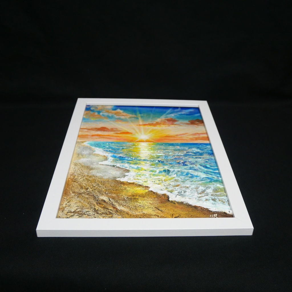 【油絵原画】黄金比の朝景 - 輝く海と朝日の風景画(夏・インテリア・一点物アート)