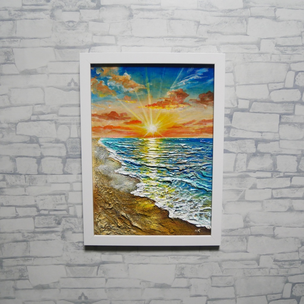 【油絵原画】黄金比の朝景 - 輝く海と朝日の風景画(夏・インテリア・一点物アート)
