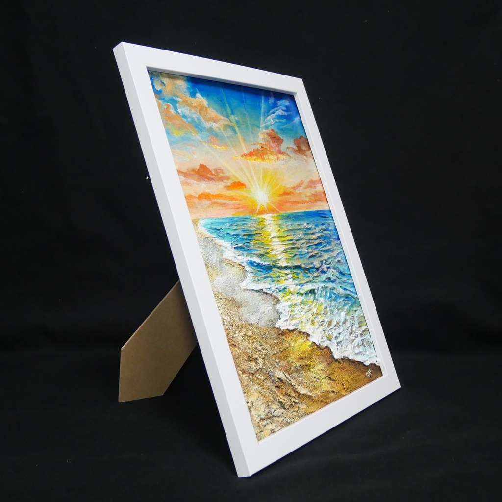 【油絵原画】黄金比の朝景 - 輝く海と朝日の風景画(夏・インテリア・一点物アート)