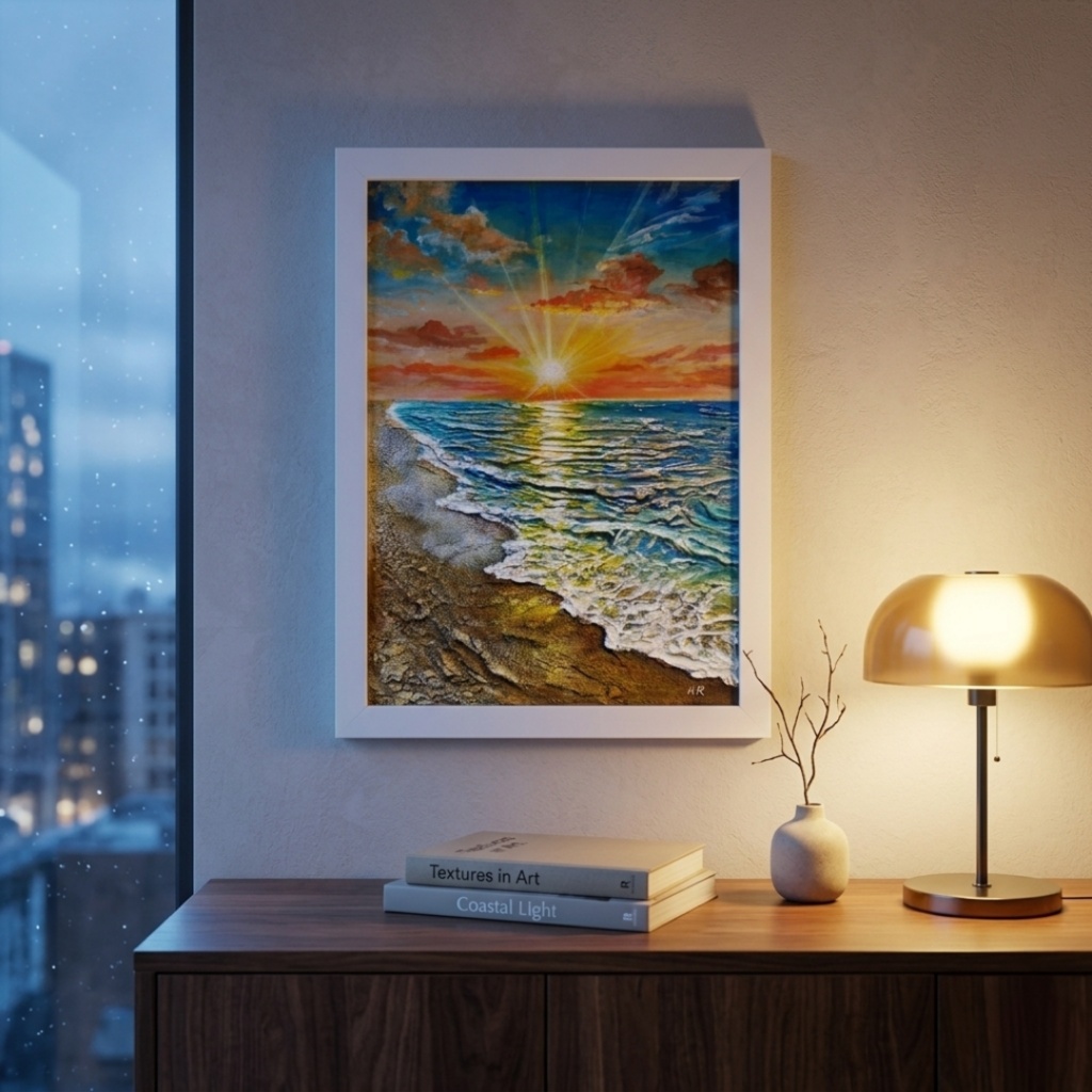 【油絵原画】黄金比の朝景 - 輝く海と朝日の風景画(夏・インテリア・一点物アート)