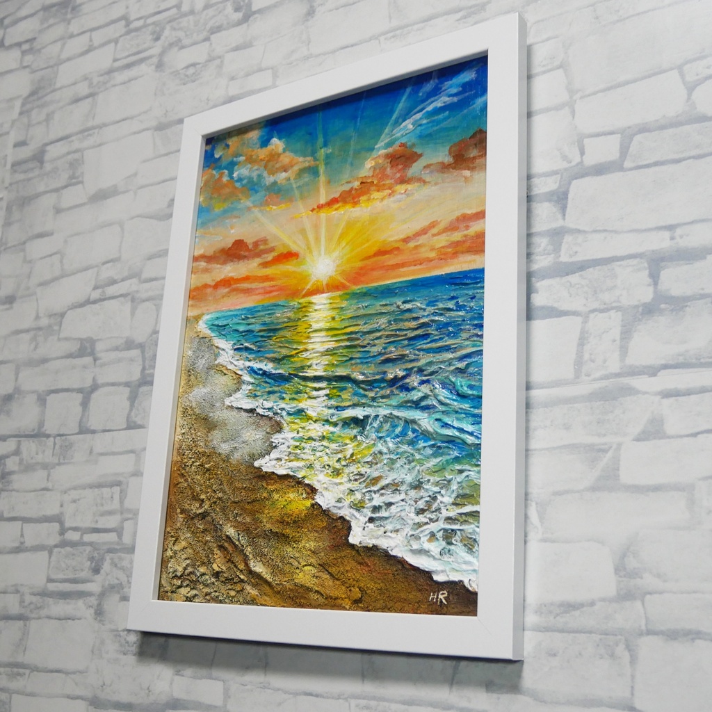 【油絵原画】黄金比の朝景 - 輝く海と朝日の風景画(夏・インテリア・一点物アート)