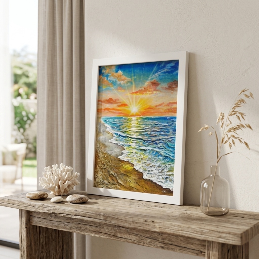 【油絵原画】黄金比の朝景 - 輝く海と朝日の風景画（夏・インテリア・一点物アート）