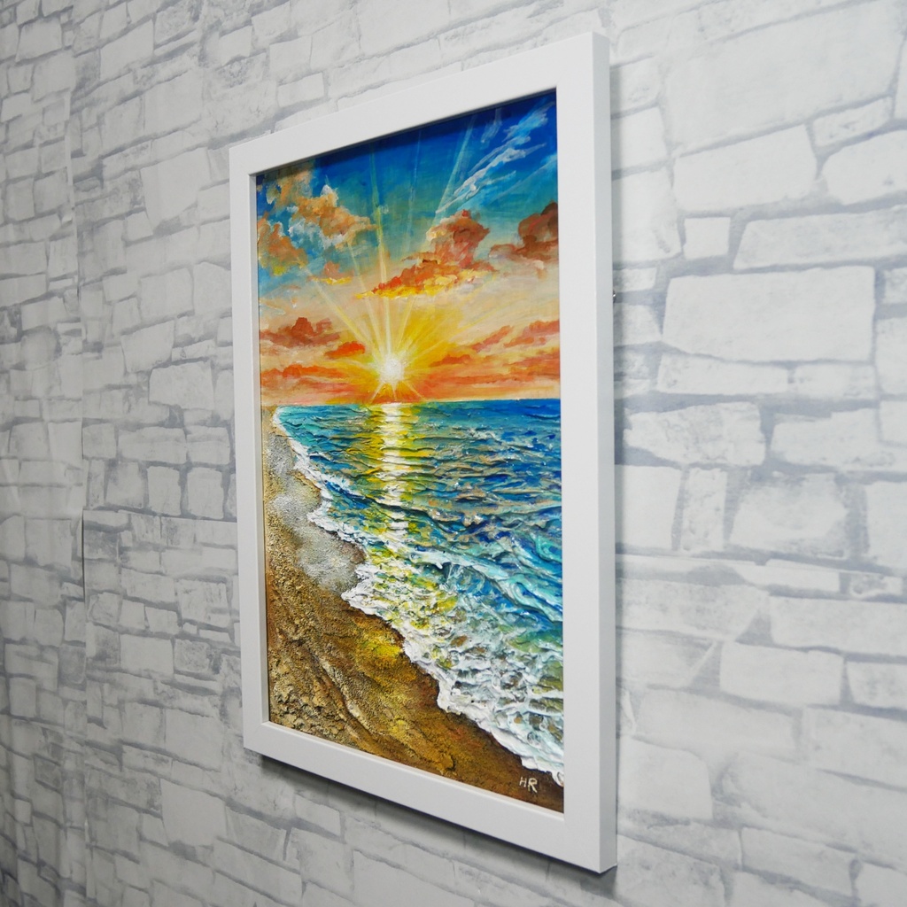 【油絵原画】黄金比の朝景 - 輝く海と朝日の風景画(夏・インテリア・一点物アート)