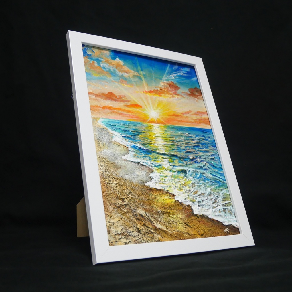 【油絵原画】黄金比の朝景 - 輝く海と朝日の風景画(夏・インテリア・一点物アート)