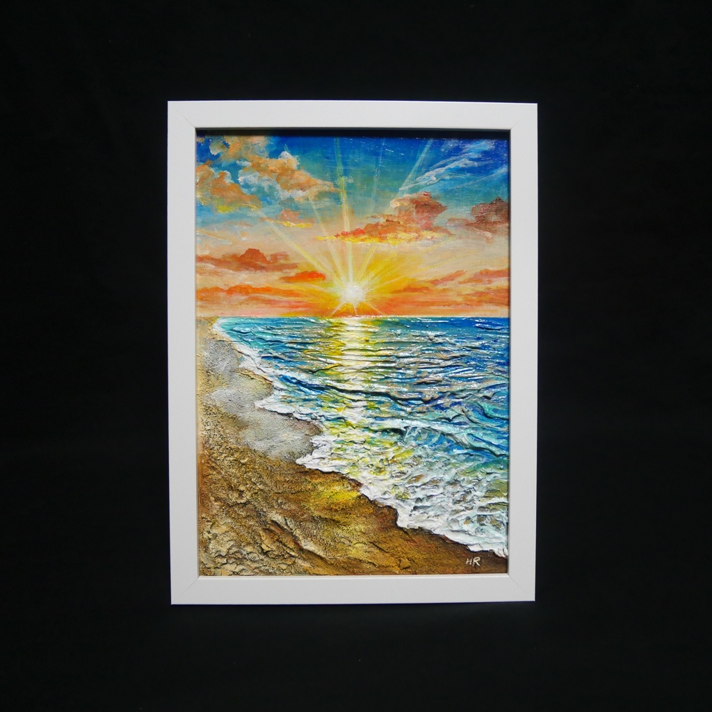 【油絵原画】黄金比の朝景 - 輝く海と朝日の風景画(夏・インテリア・一点物アート)