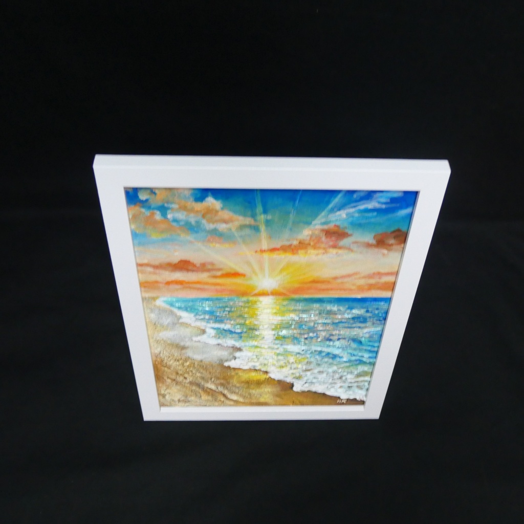 【油絵原画】黄金比の朝景 - 輝く海と朝日の風景画(夏・インテリア・一点物アート)
