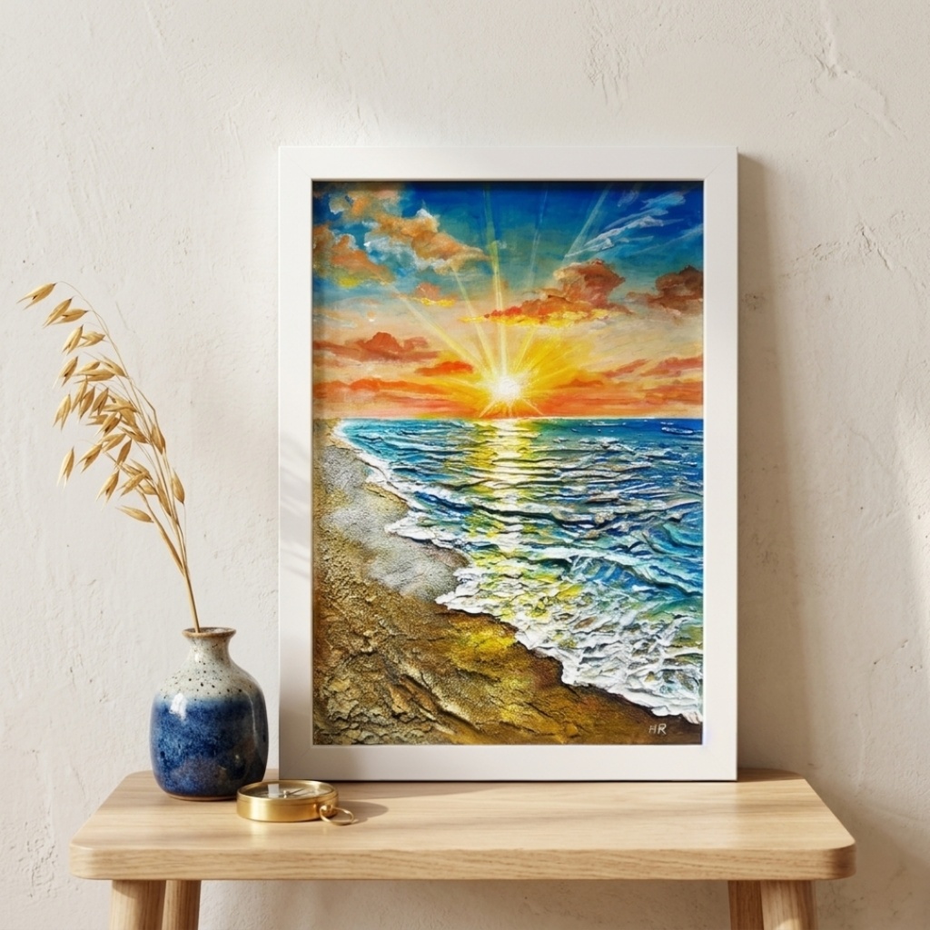 【油絵原画】黄金比の朝景 - 輝く海と朝日の風景画(夏・インテリア・一点物アート)