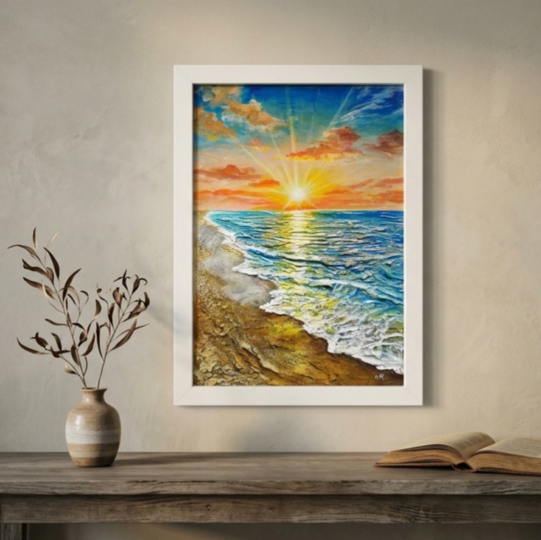 【油絵原画】黄金比の朝景 - 輝く海と朝日の風景画(夏・インテリア・一点物アート)
