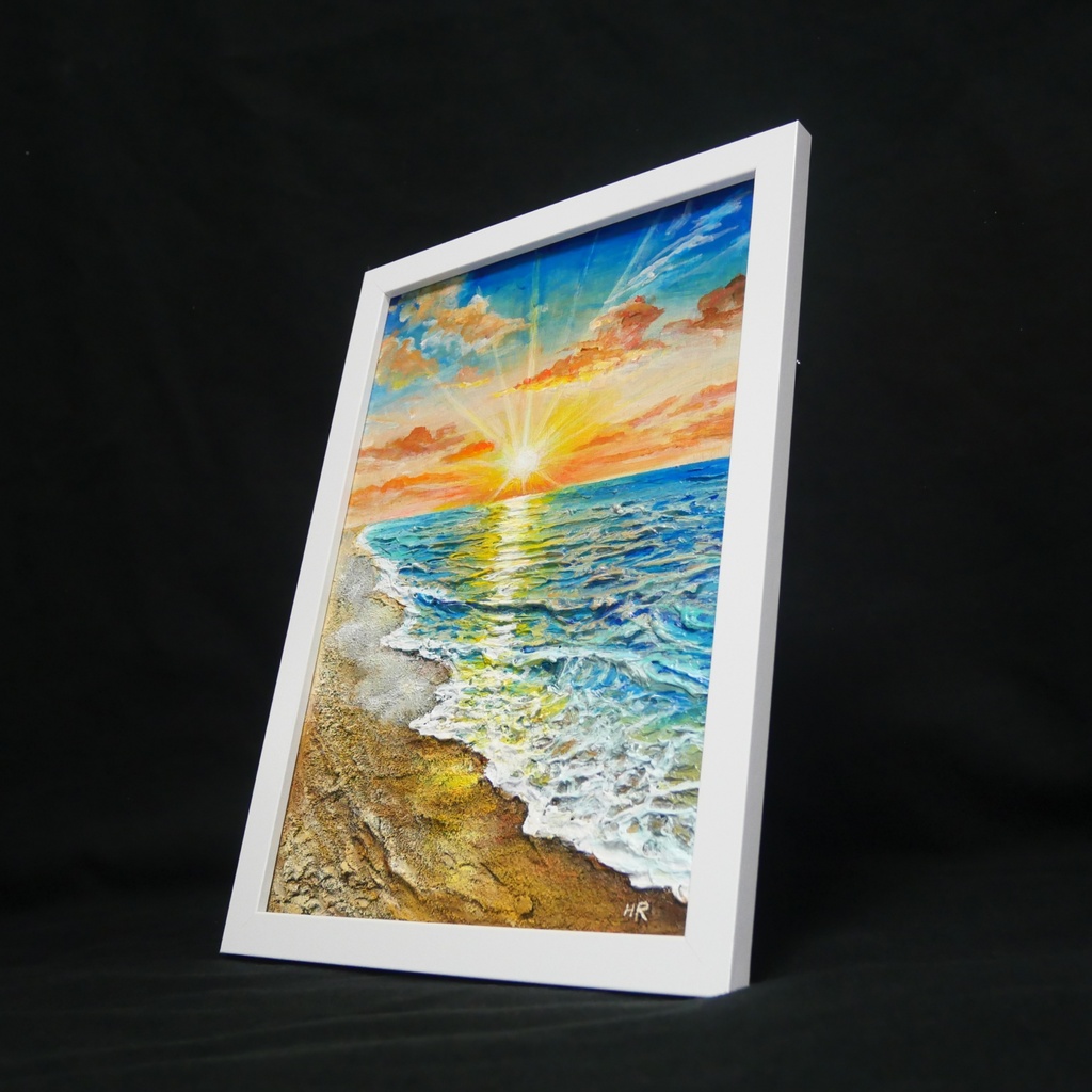 【油絵原画】黄金比の朝景 - 輝く海と朝日の風景画(夏・インテリア・一点物アート)