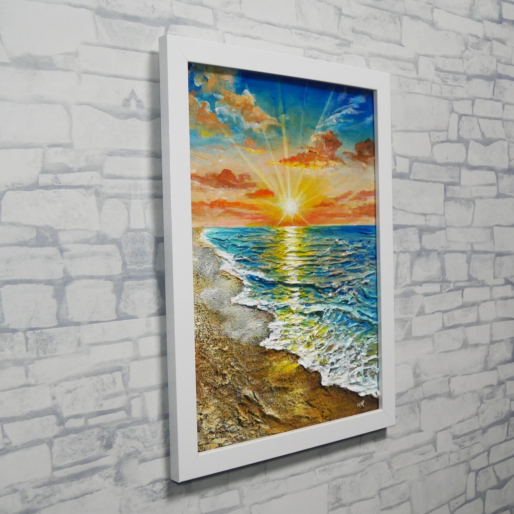 【油絵原画】黄金比の朝景 - 輝く海と朝日の風景画(夏・インテリア・一点物アート)