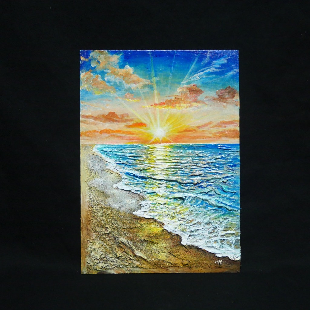 【油絵原画】黄金比の朝景 - 輝く海と朝日の風景画(夏・インテリア・一点物アート)