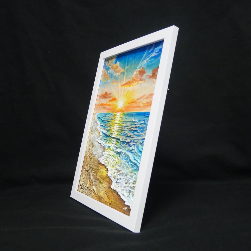 【油絵原画】黄金比の朝景 - 輝く海と朝日の風景画(夏・インテリア・一点物アート)