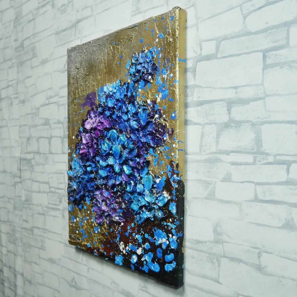 【原画】黄金に咲く雨の記憶(あじさい)|油彩画 立体アート 梅雨のインテリア ギフトにも