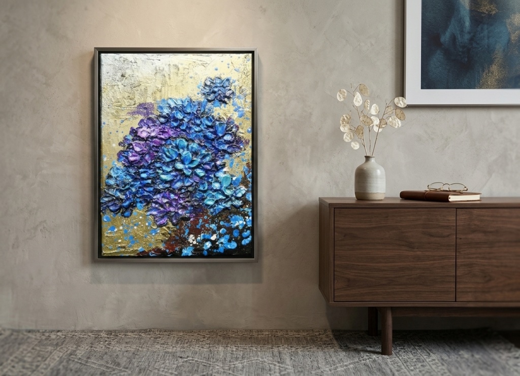 【原画】黄金に咲く雨の記憶(あじさい)|油彩画 立体アート 梅雨のインテリア ギフトにも