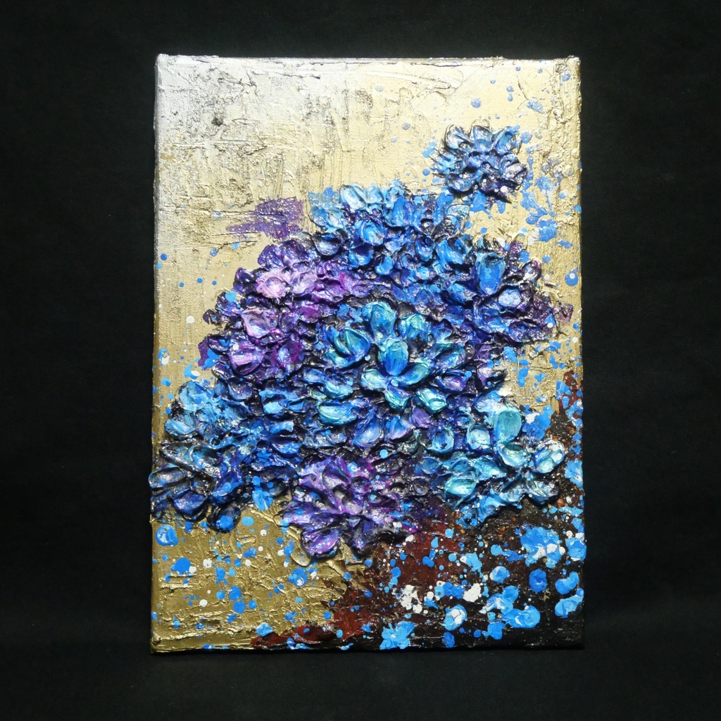 【原画】黄金に咲く雨の記憶(あじさい)|油彩画 立体アート 梅雨のインテリア ギフトにも