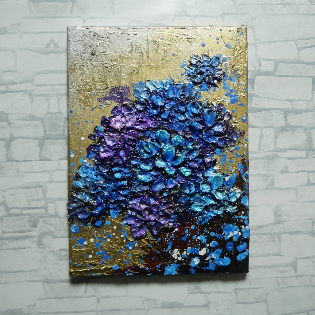 【原画】黄金に咲く雨の記憶(あじさい)|油彩画 立体アート 梅雨のインテリア ギフトにも