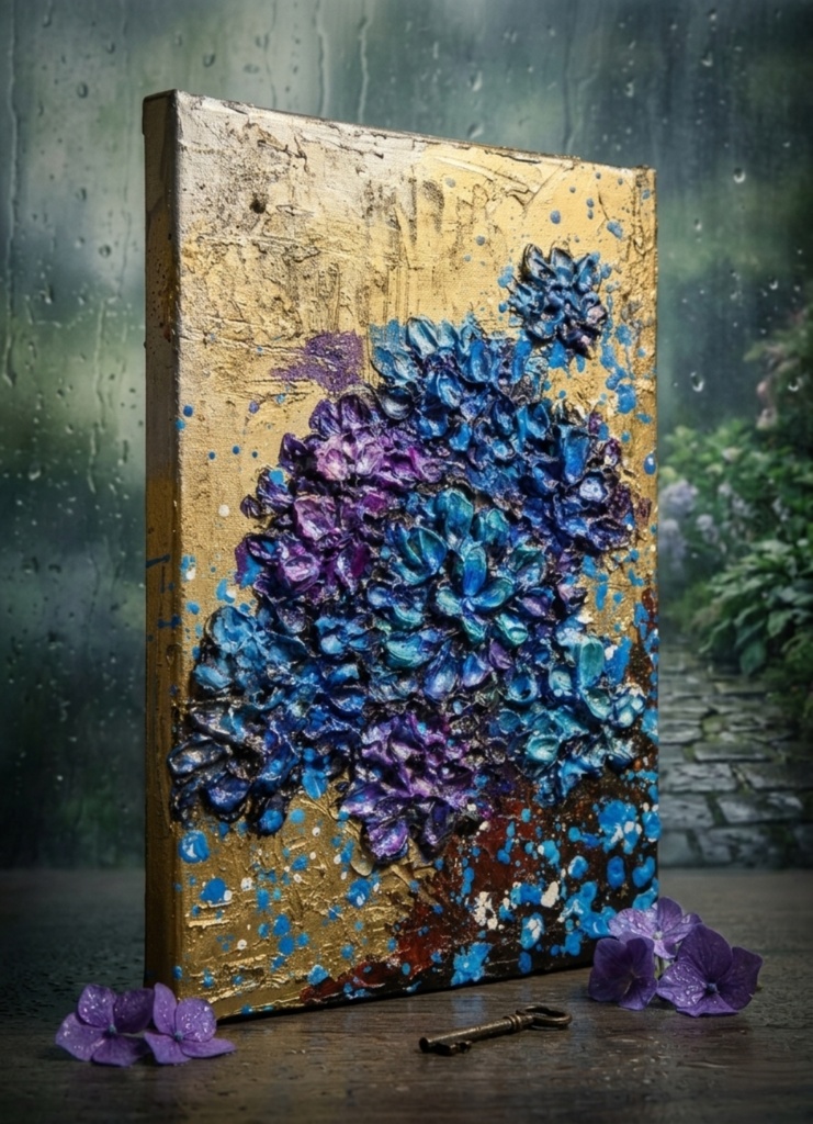 【原画】黄金に咲く雨の記憶(あじさい)|油彩画 立体アート 梅雨のインテリア ギフトにも