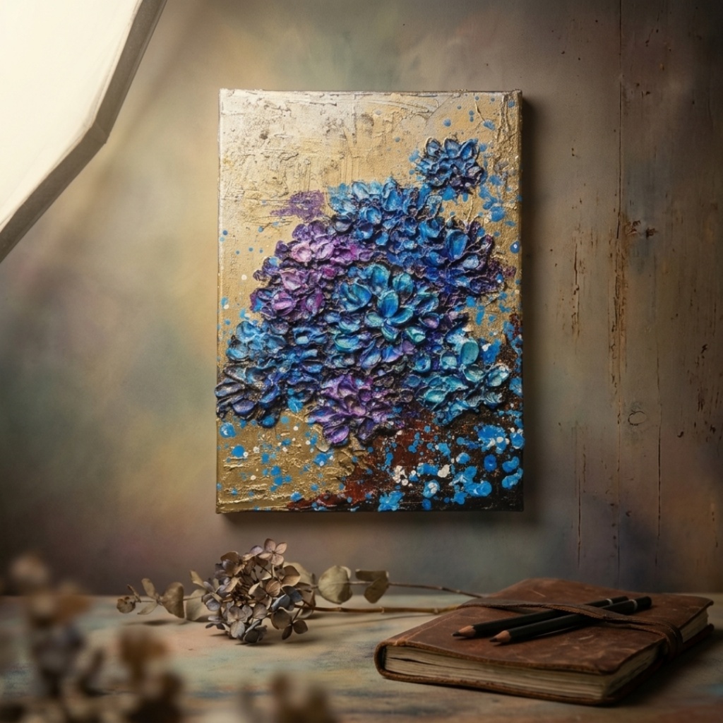 【原画】黄金に咲く雨の記憶(あじさい)|油彩画 立体アート 梅雨のインテリア ギフトにも
