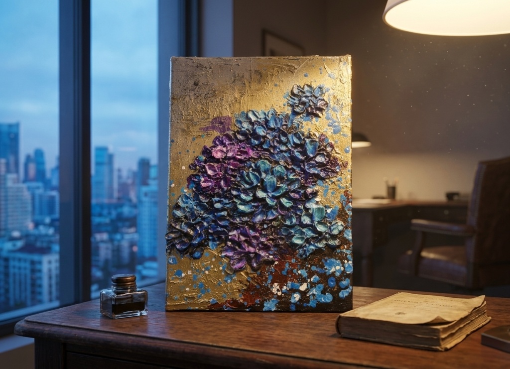 【原画】黄金に咲く雨の記憶(あじさい)|油彩画 立体アート 梅雨のインテリア ギフトにも