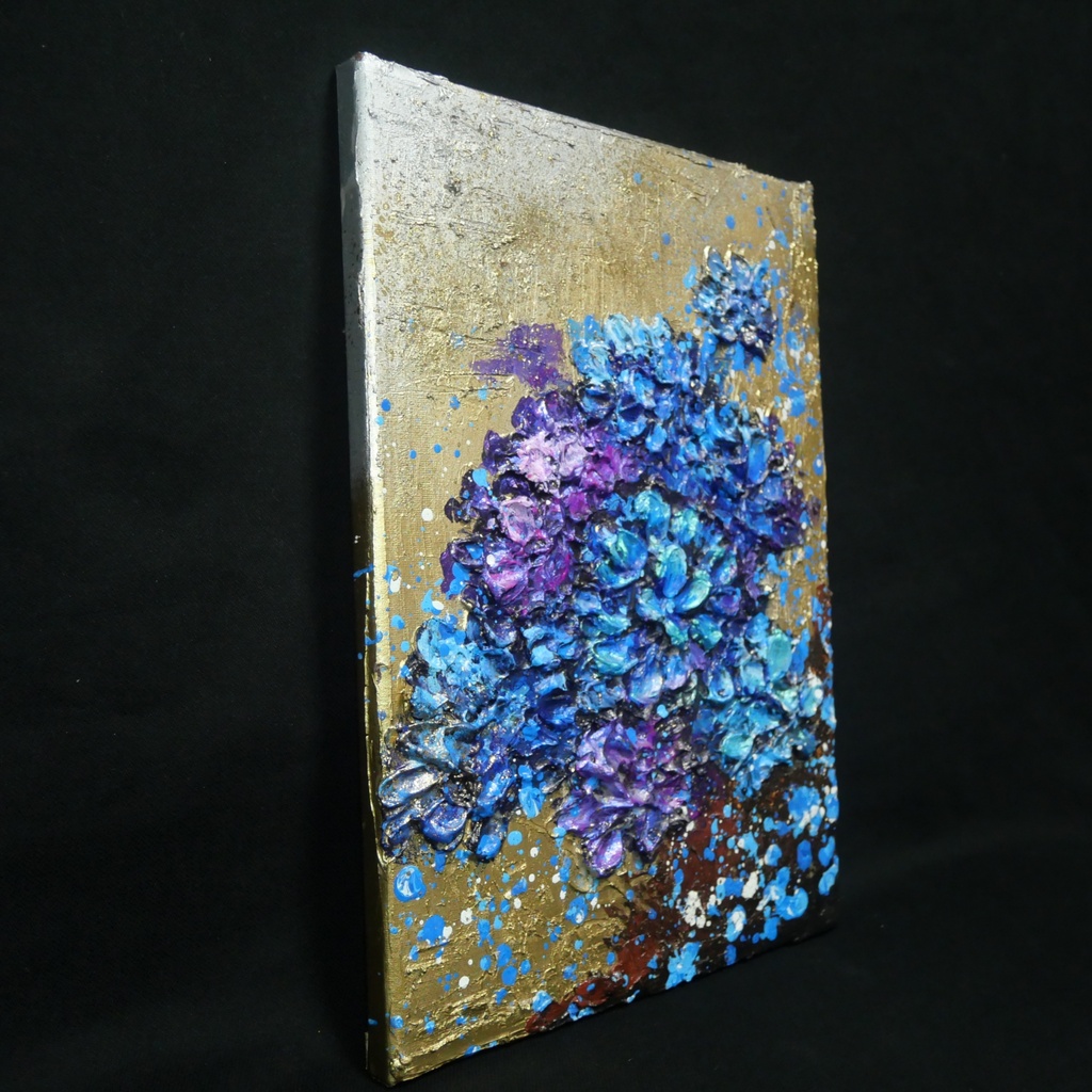 【原画】黄金に咲く雨の記憶(あじさい)|油彩画 立体アート 梅雨のインテリア ギフトにも