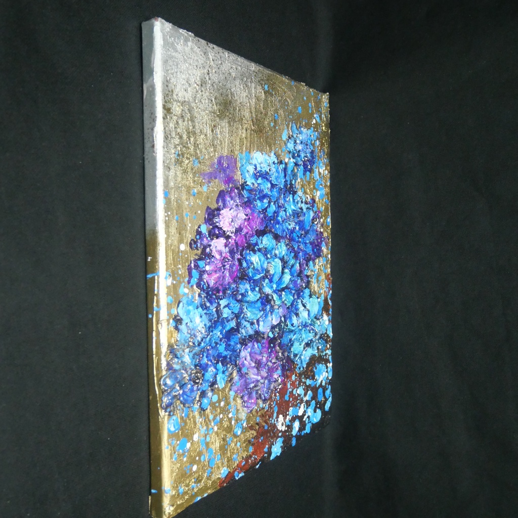 【原画】黄金に咲く雨の記憶(あじさい)|油彩画 立体アート 梅雨のインテリア ギフトにも