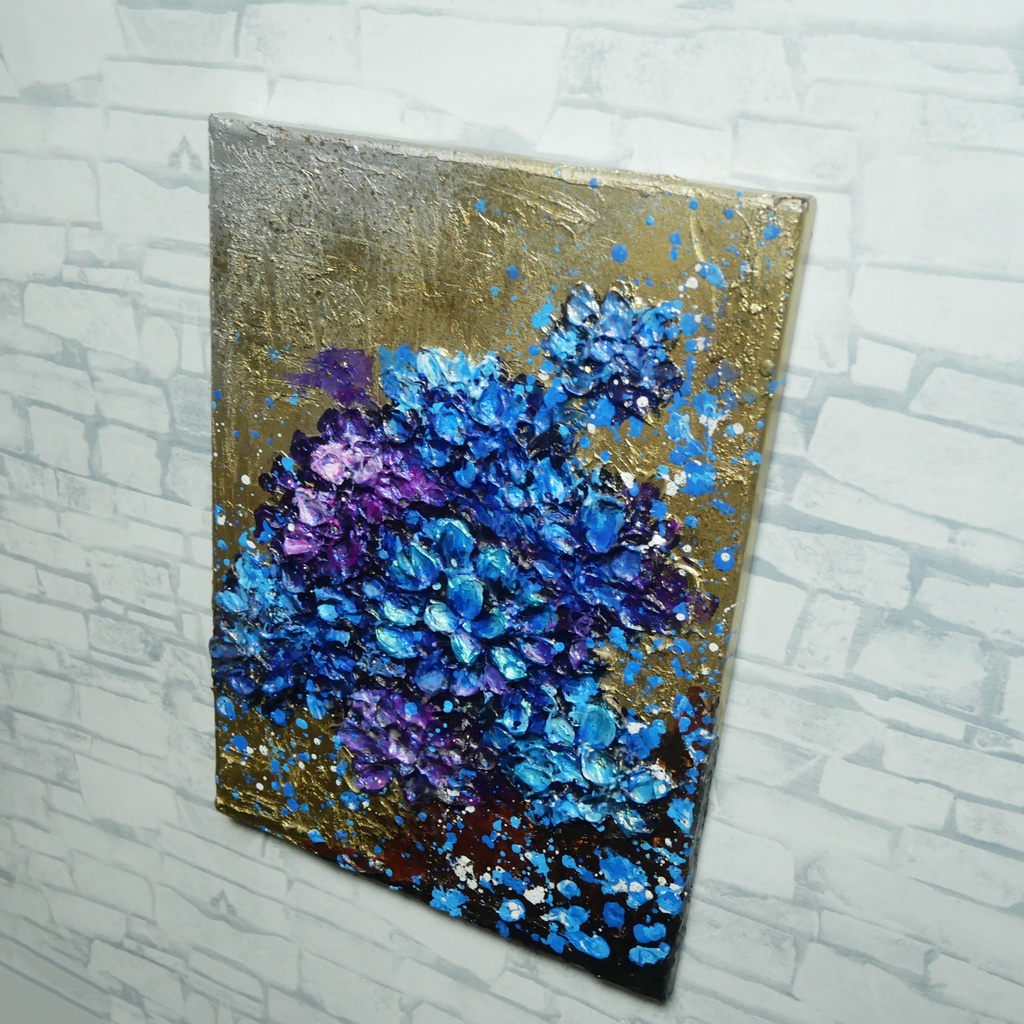 【原画】黄金に咲く雨の記憶(あじさい)|油彩画 立体アート 梅雨のインテリア ギフトにも