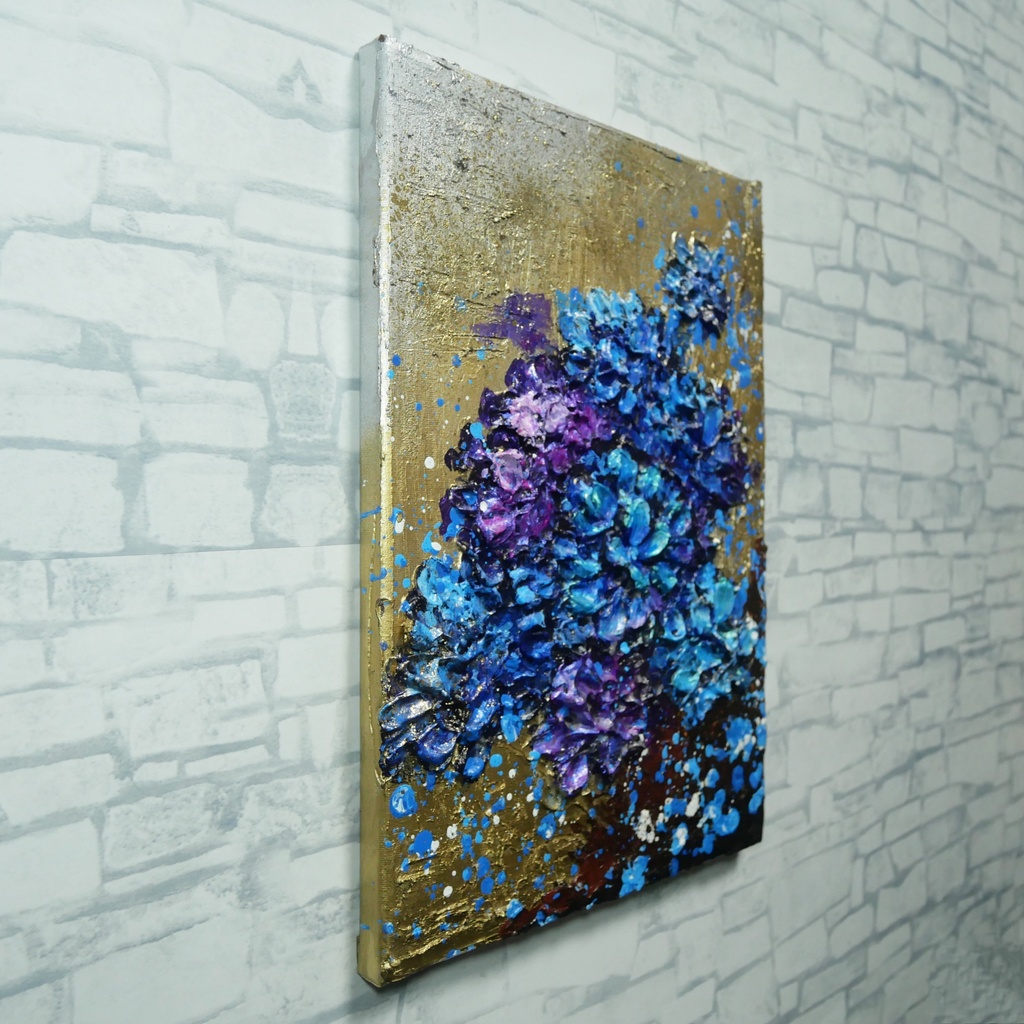 【原画】黄金に咲く雨の記憶(あじさい)|油彩画 立体アート 梅雨のインテリア ギフトにも