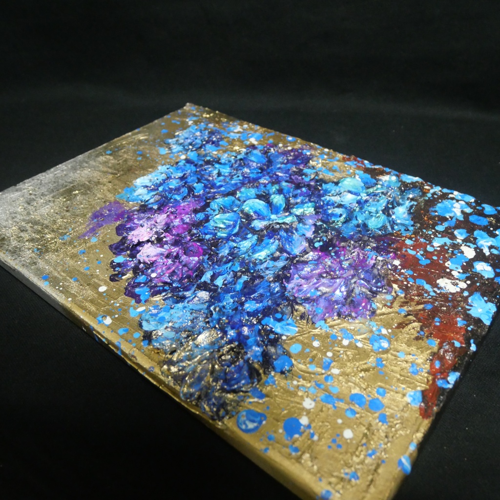 【原画】黄金に咲く雨の記憶(あじさい)|油彩画 立体アート 梅雨のインテリア ギフトにも