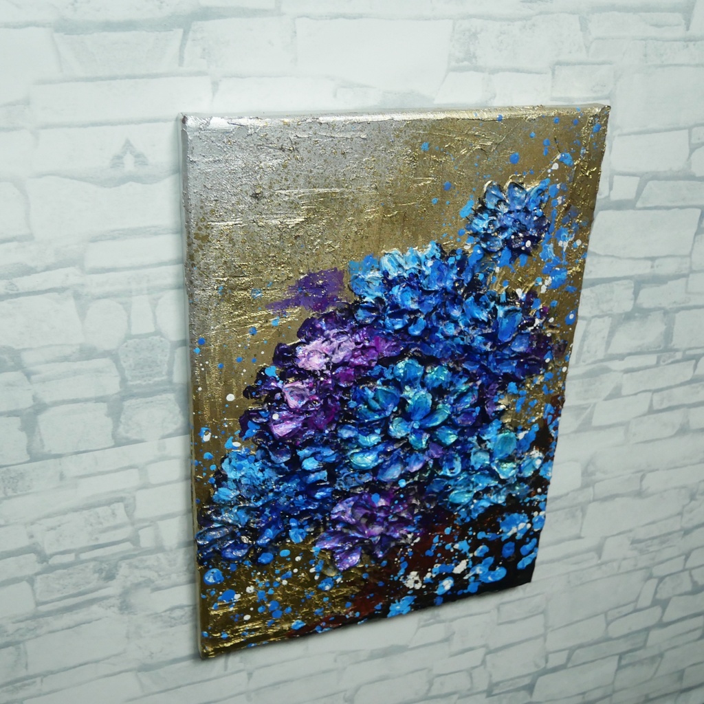 【原画】黄金に咲く雨の記憶(あじさい)|油彩画 立体アート 梅雨のインテリア ギフトにも
