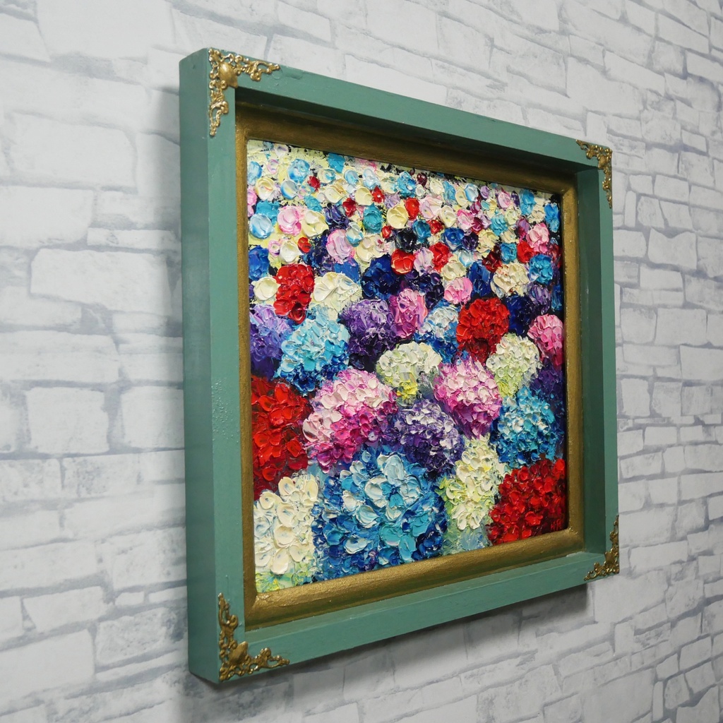 【油絵原画】梅雨を彩る宝石箱(紫陽花の厚塗り油彩画/額装入り)