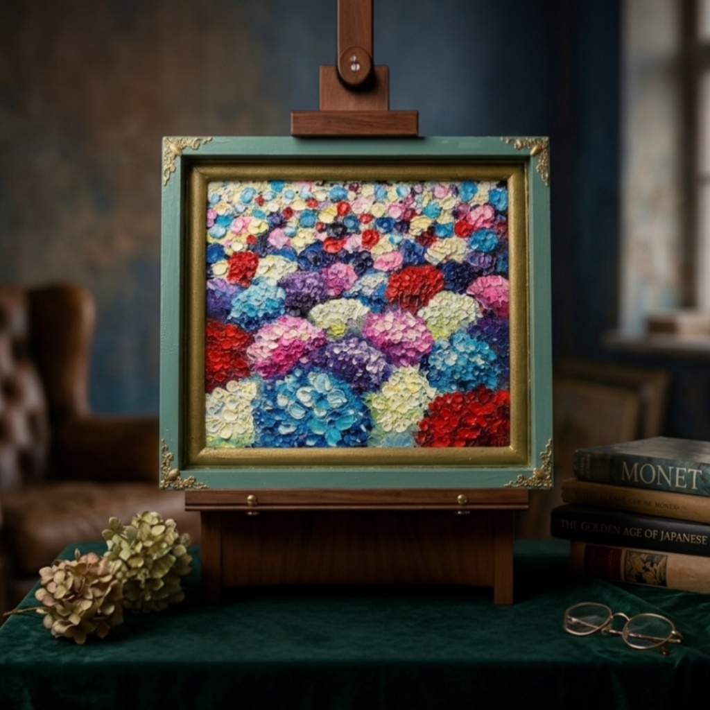 【油絵原画】梅雨を彩る宝石箱(紫陽花の厚塗り油彩画/額装入り)
