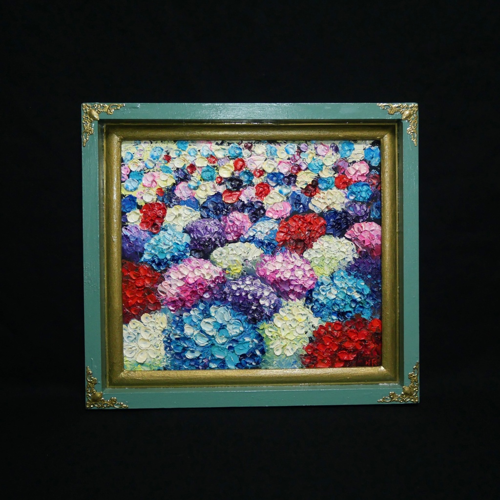 【油絵原画】梅雨を彩る宝石箱(紫陽花の厚塗り油彩画/額装入り)