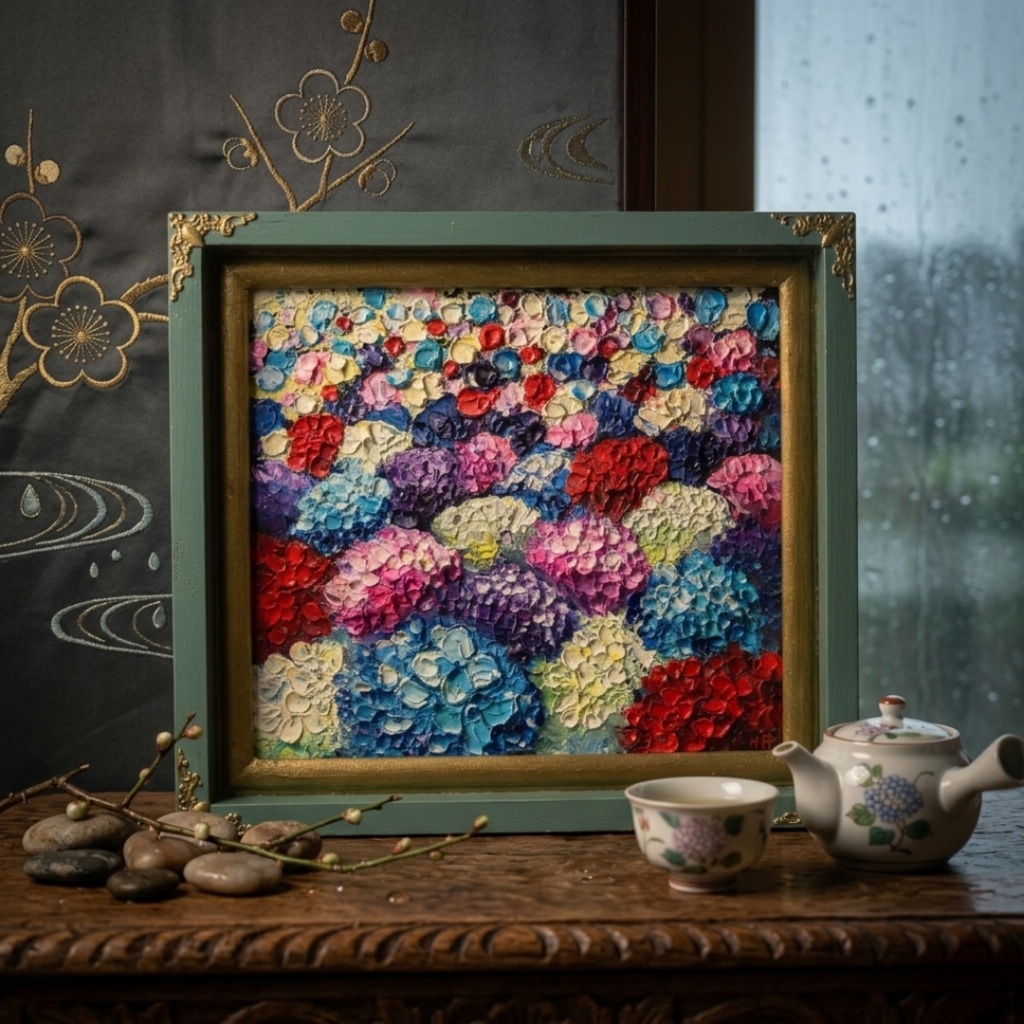 【油絵原画】梅雨を彩る宝石箱（紫陽花の厚塗り油彩画/額装入り）