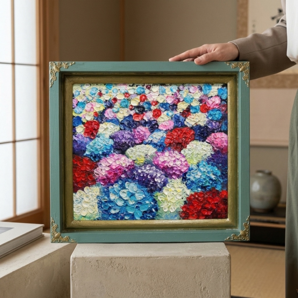 【油絵原画】梅雨を彩る宝石箱(紫陽花の厚塗り油彩画/額装入り)